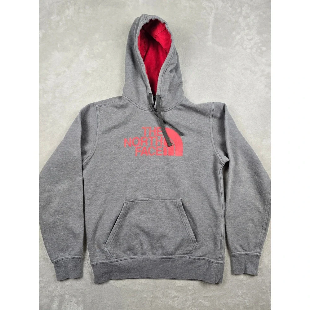 The‎ North Face Hoodie Mens S Gray Red Logo Graphic Fleece Sweatshirt Pilling